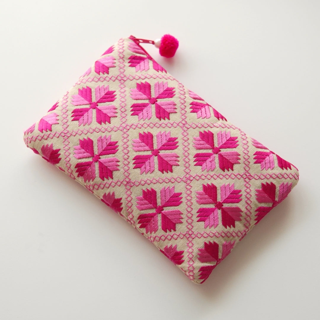 フラットファスナーポーチ "FLOWER WORK" - ピンク